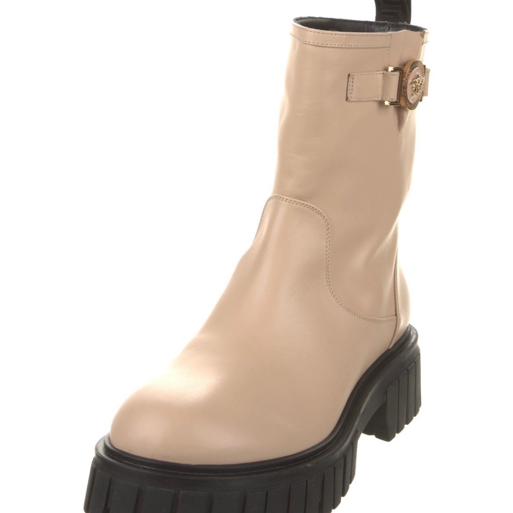 Versace Beige Leather Lug-Sole Ankle Boots with Gold Medusa - Picture 4 of 6